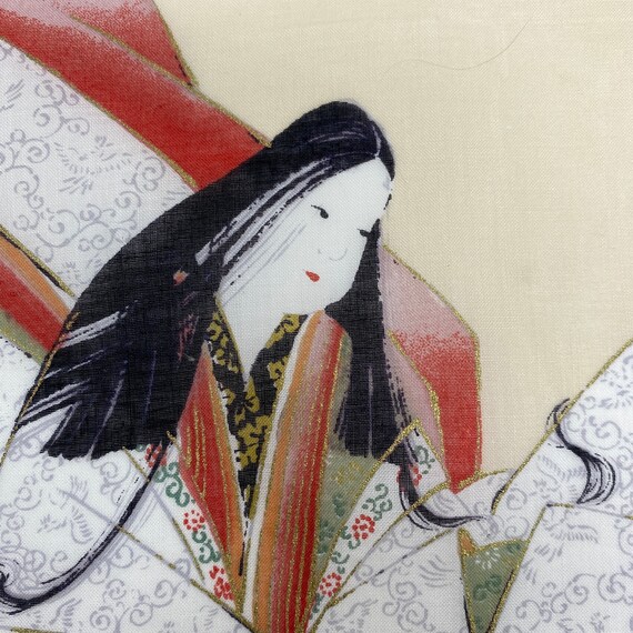 Japanese Motif Linen Handkerchief, Geisha Girl Ha… - image 5