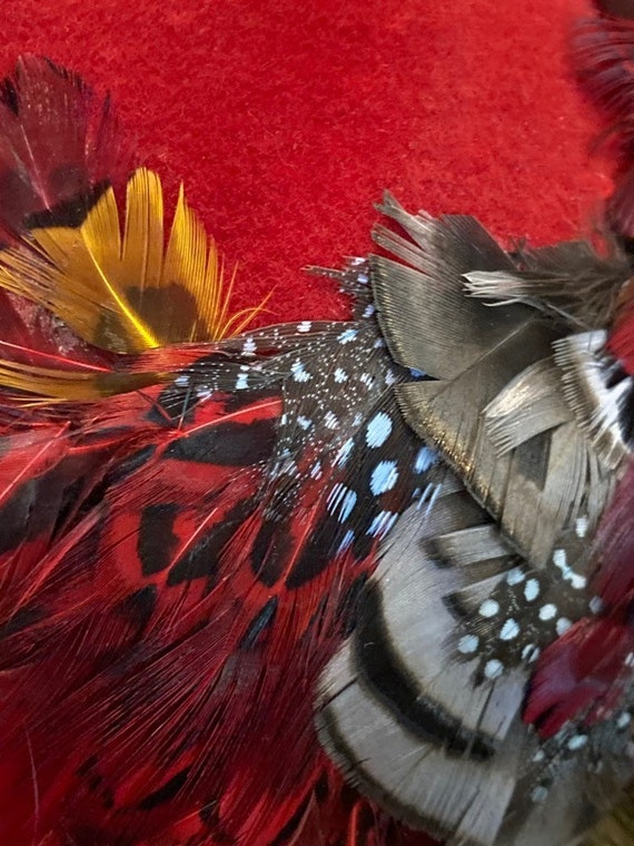 1960's Vibrant Red Feathered Hat, Multicolor Feat… - image 4