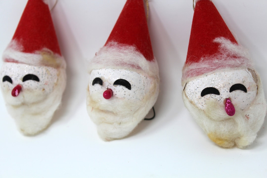 Mid Century Santa, Set 3 Dime Store Paper Mache Santa Ornaments