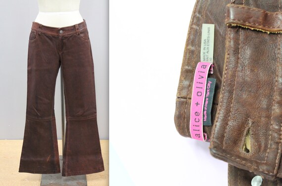 Vintage Brown Leather Bell Bottoms, Worn Rugged Le