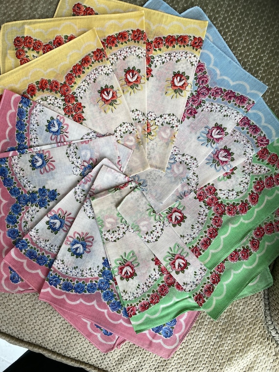 Box set of 12 Floral Handkerchief, Dozen vintage h