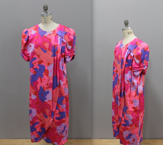 Flora Kung Silk Floral Dress, 1980s Big Sleeved Fl