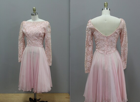 Vintage Pink Lace and Sequined Party Dress with Ch
