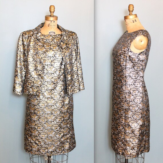 Vintage Metallic Brocade Lame Dress Set, 1960s Met