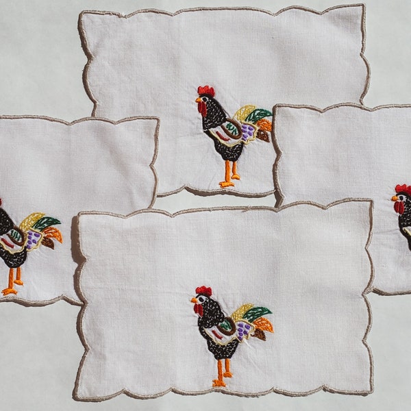 Set 4 Rooster Cocktail Napkins, Colorfully embroidered roosters on a raw linen fabric, Vintage Barware, Hostess Gift,Kitschy Barware