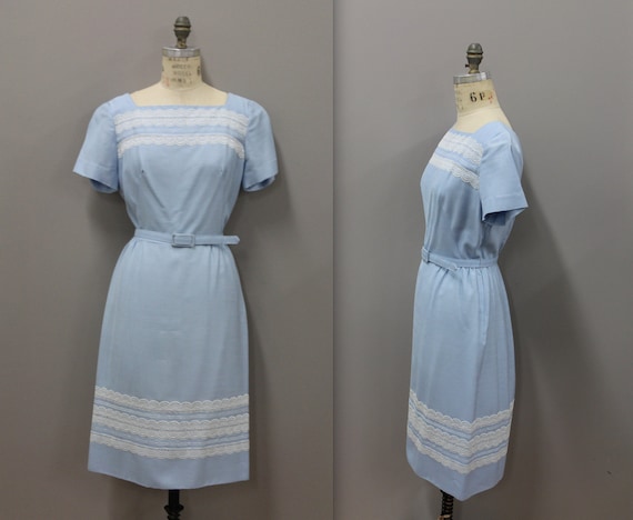 1950s Powder Blue Dress with Lace and Belt, Vintag