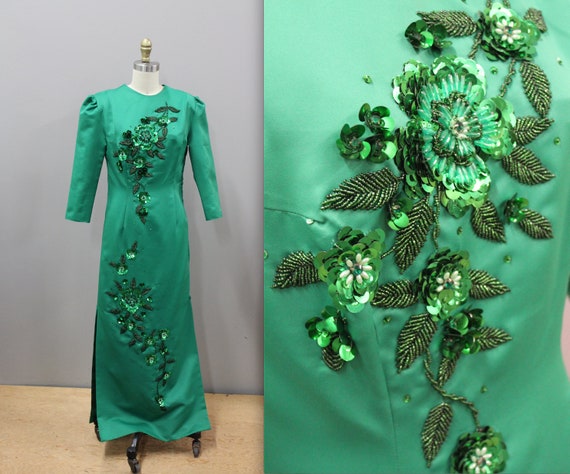 Emerald Green Oriental Style Gown with Sequin Deta