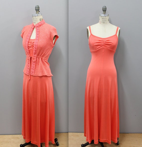 1970s Orange Maxi Dress, 1970s Coral Tank Dress wi