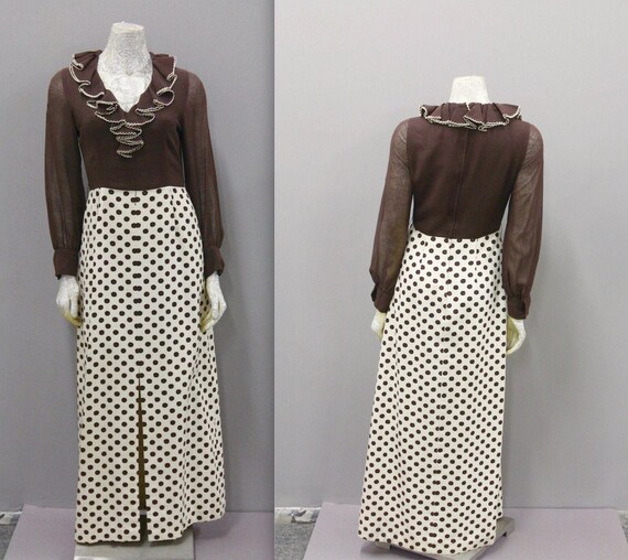 Chocolate Brown Polka Dot Maxi, 1960s Maxi Polka D