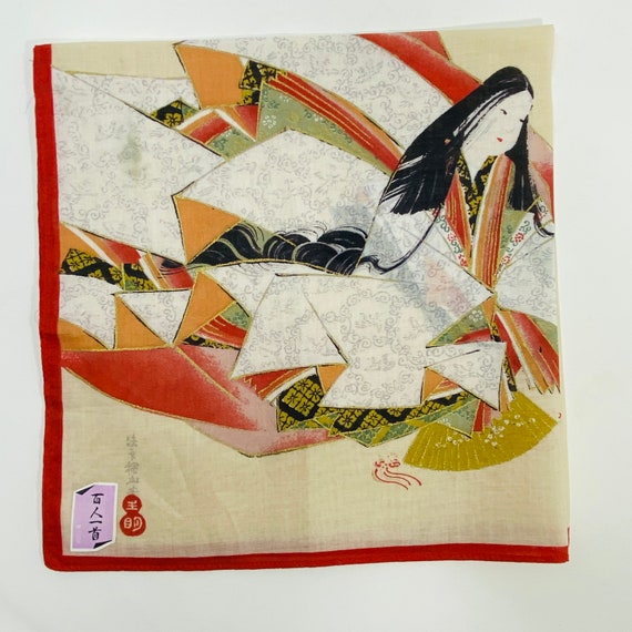 Japanese Motif Linen Handkerchief, Geisha Girl Ha… - image 1