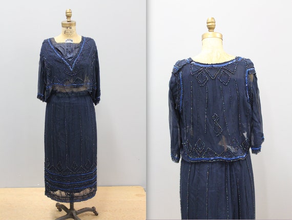 Antique 1920s 1930s Beaded Blue Skirt and Matching