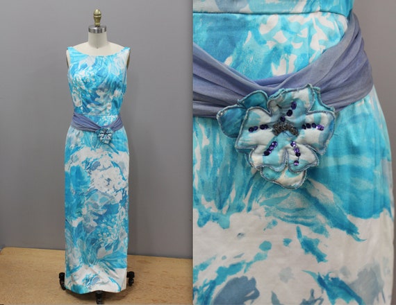 Vintage Hawaiian Dress, Long Blue Hawaiian Dress,