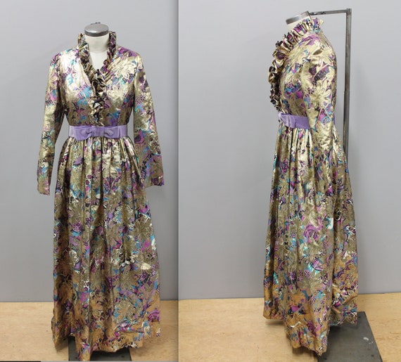 Metallic Gold Maxi Dress with purple tones, 1970s