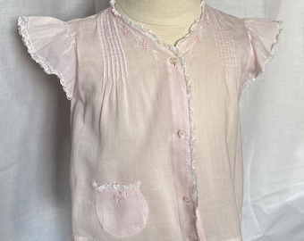 1950s Vintage Blush Pink Easter Baby Blouse, Handmade with Floral Detailing, Lace Detail Throughout