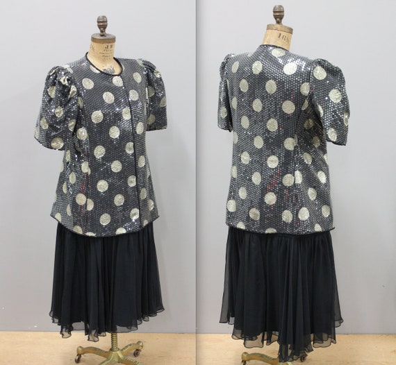Vintage 1980s Black and Gold Sequined Puff Sleeve