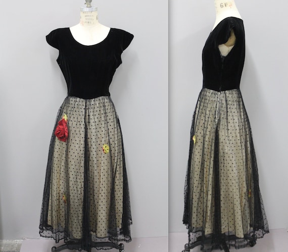 1940s Velvet Dress with Roses, 40s Velvet Gown, Bl