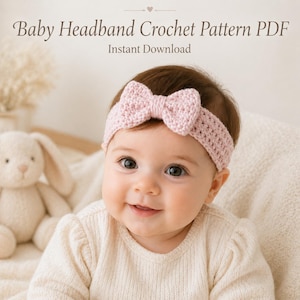 May include: A baby wearing a light pink crochet headband with a bow. The image includes the text "Baby Headband Crochet Pattern PDF" and "Instant Download". A stuffed bunny is in the background.