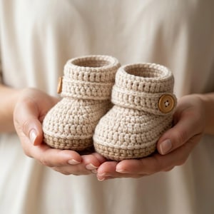 May include: A pair of handmade, beige crochet baby booties. Each bootie features a rolled cuff and a wooden button closure. The soles are a darker shade of beige. The booties are held in open hands.