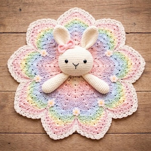 May include: A handmade crochet bunny lovey with a rainbow flower design. The bunny has a cream-colored head, ears, and arms, with a pink bow. The flower has pastel rainbow colors and small flower accents. The lovey is placed on a wooden surface.