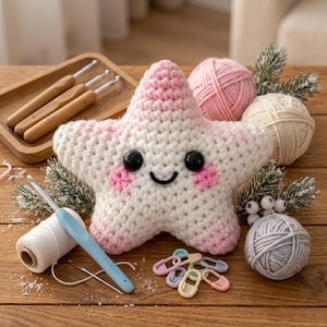 May include: A handmade, white and pink crocheted star with black eyes and a smiling mouth. The star is surrounded by crochet supplies, including yarn balls, crochet hooks, and stitch markers. The star is a whimsical, handmade item.