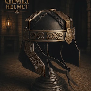 May include: A black and bronze-coloured helmet with intricate geometric engravings and a braided texture along the crown. The helmet features a wide band with repeating patterns and side plates. The text GIMLI HELMET is visible in the upper left corner.