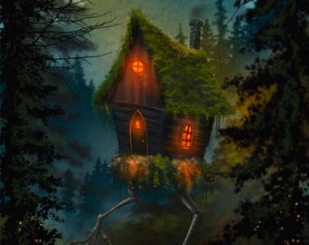 Halloween art print, gothic wall art, witchy home decor, Baba Yaga’s Hut