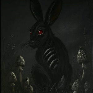 May include: A dark painting featuring a black rabbit with glowing red eyes and visible rib cage markings on its side. The rabbit is positioned among several spotted mushrooms in a dim, shadowy environment with tall grass blades surrounding it.