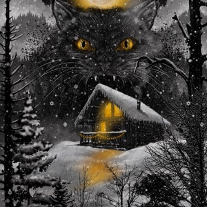 May include: A black cat with glowing yellow eyes stands in front of a small wooden cabin with a lit window. The scene is set in a snowy forest under a full moon.