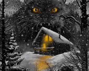 Yule Cat 11” x 14”, Winter art print, gothic wall art, yule art, dark cottagecore decor, witchy home decor, folklore art