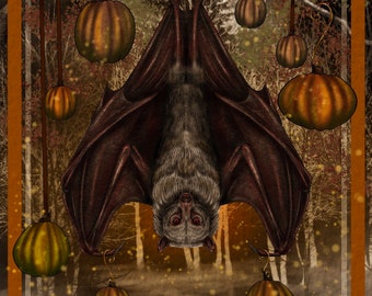 May include: An illustration of a bat hanging upside down from a tree branch, surrounded by hanging pumpkins. The bat has dark brown wings and a light gray body. The pumpkins are orange and gold, with a forest background.