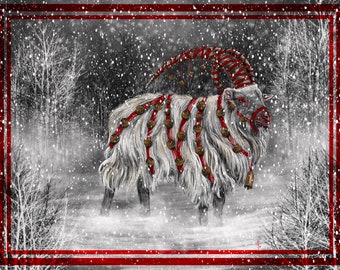 Yule Goat 11” x 14”, Winter art print, gothic wall art, yule art, dark cottagecore decor, witchy home decor, folklore art