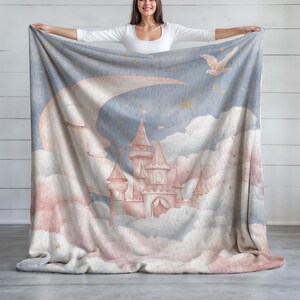 Minky Blanket, Sherpa Fleece, Velveteen Plush Throw, Castle In Clouds Blanket, Fairy Tale Castle, Magical Moon Stars, Fantasy Adventure