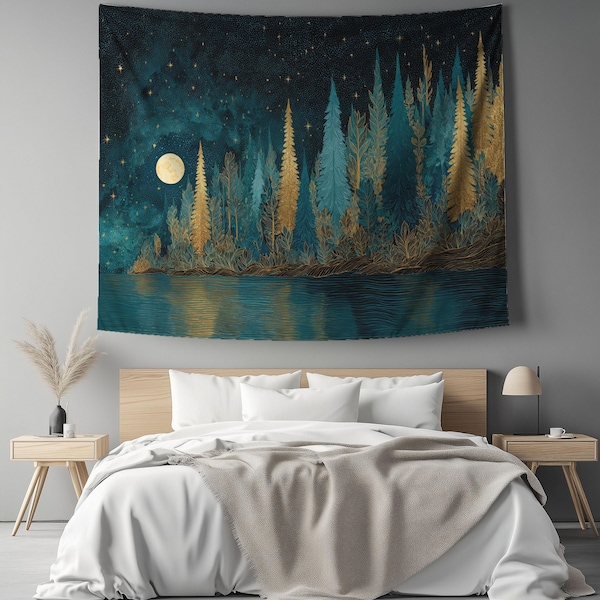 Leichter bedruckter Wandteppich, Wandbehang im Mondlichtwald, mystischer Sternenhimmel, Wandkunst am goldenen See, ätherische Nachtlandschaft