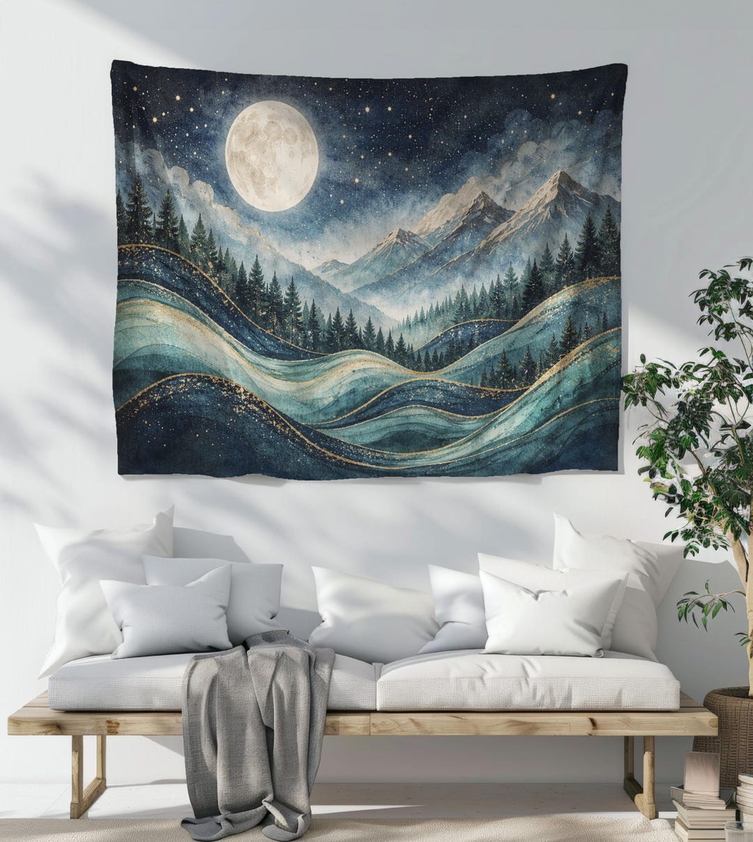 Full Moon Tapestry, Starry Night Sky Wall Hanging, Magical Mountain ...
