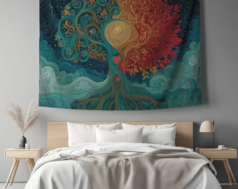 Lightweight Printed Tapestry, Yin Yang Tree Of Life Tapestry, Spiritual Cosmic Wall Hanging, Harmony Nature Art, Peaceful Bohemian Decor