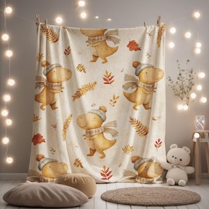 Minky Blanket, Sherpa Fleece, Velveteen Plush Throw, Cute Dinosaur Baby Blanket. Autumn Leaves Pattern, Adorable Fall Dinosaur Decor Blanket