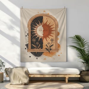 Leichter bedruckter Wandteppich, Sonne und Mond Wandteppich, Sonne-Mond-Kunst, Blumen-Bogenfenster, mystischer spiritueller Wandteppich