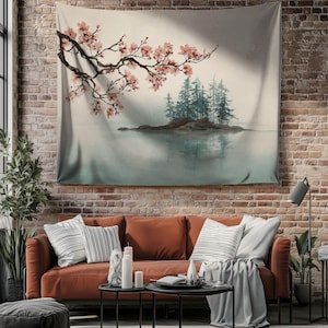Lightweight Printed Tapestry, Cherry Blossom Tapestry Japanese Sakura Wall Hanging, Serene Misty Lake Pine Trees Landscape Tapestry
