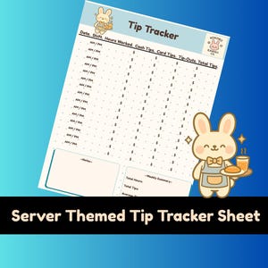 Registro de propinas / Edición de conejito kawaii para meseros / Registro de ingresos imprimible para camareros, anfitriones y bármanes