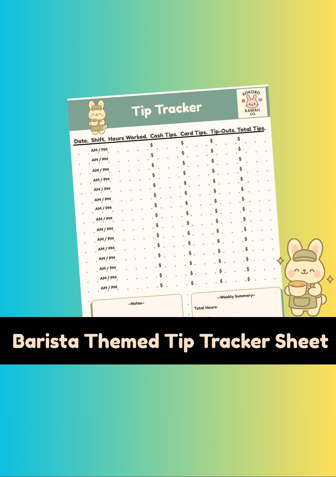 Table Tip Tracker Tip Tracker | Kawaii Bunny Barista Edition | Printable Coffee Shop ...