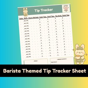 Puede incluir: Una hoja de seguimiento de propinas con un lindo gráfico de conejito, diseñada para baristas. La hoja incluye secciones para la fecha, el turno, las horas trabajadas, las propinas en efectivo, las propinas con tarjeta, los pagos de propinas y el total.