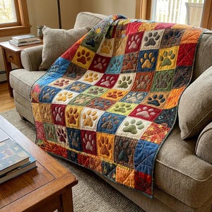 Dog Paw Print Blanket, Colorful Patchwork Pet Blanket, Paw Quilt Style Throw, Dog Lover Gift, Cozy Pet Blanket, Animal Lover Decor