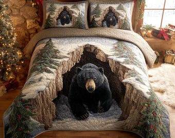 Black Bear Cave Bedding Set, Rustic Wildlife Comforter Set, Forest Animal Quilt Print, Lodge Cabin Decor Blanket Pillowcase Set