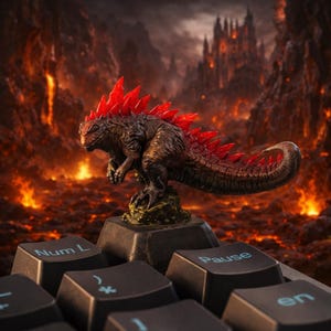 May include: A detailed figurine of a Godzilla-like creature with red dorsal fins and a dark brown body. The figure is posed on a keyboard key, with a fiery, volcanic background. The keyboard keys are black.