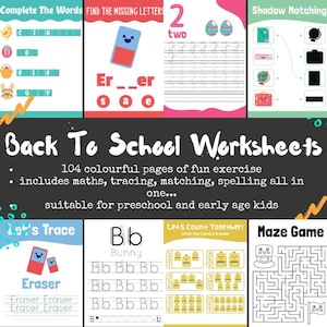 Puede incluir: Una colección de coloridas hojas de trabajo de regreso a la escuela para niños en edad preescolar y primaria. Las hojas de trabajo incluyen ejercicios de matemáticas, trazado, emparejamiento y ortografía. El texto de la imagen dice "Back To School Worksheets".