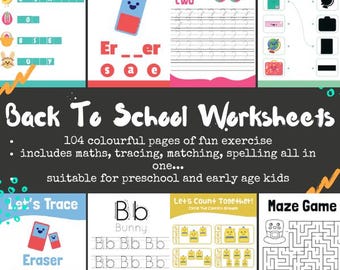 Back To School Printable 104 pages Worksheets for Preschool, Learning Activities (Digital Download)