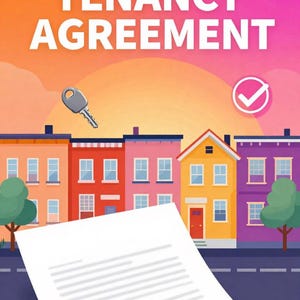 Pode incluir: Uma ilustração gráfica com o texto TENANCY AGREEMENT em letras brancas em negrito sobre um fundo degradê de pôr do sol. Abaixo, uma fileira de casas coloridas, uma chave prateada, um ícone de marca de verificação branca e um documento branco.