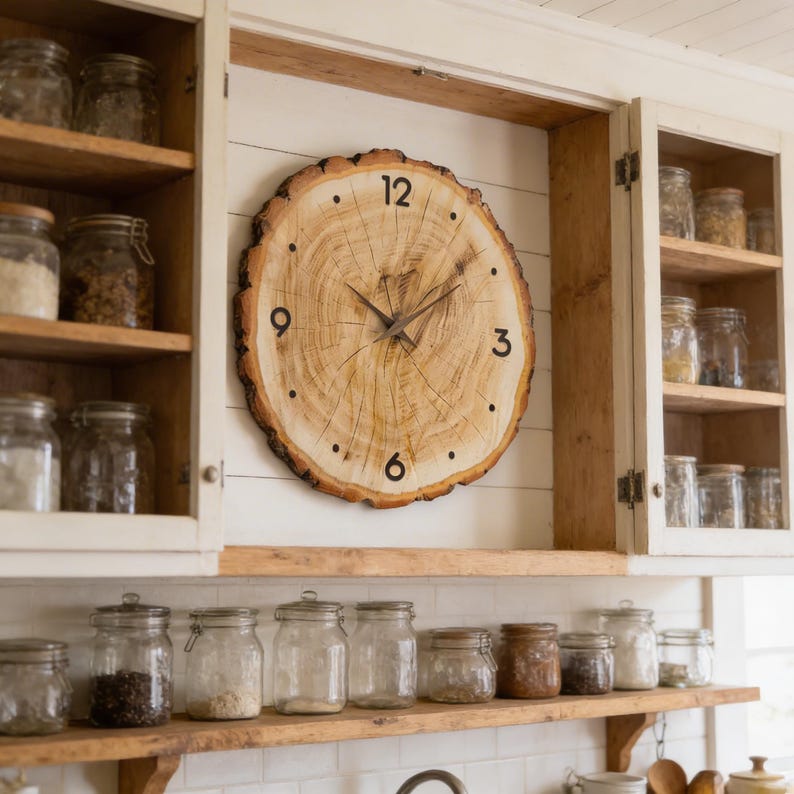 May include: A round wooden clock with a natural wood grain finish. The clock face features black numerals at the 12, 3, 6, and 9 o'clock positions, with dots marking the other hours. The clock hands are dark brown.