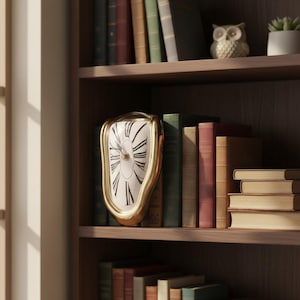 Puede incluir: Un reloj dorado deformado, con una esfera blanca y números romanos negros, se encuentra en una estantería. El reloj está frente a una colección de libros antiguos con lomos de varios colores. Una figura de búho y una pequeña planta en maceta también están en el estante.