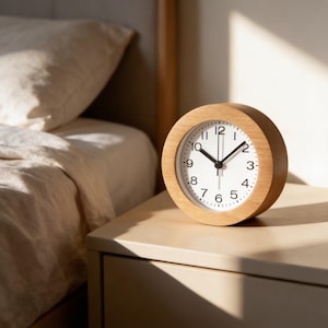 Puede incluir: Un reloj despertador redondo de madera con esfera blanca y manecillas negras sobre una mesita de noche. El reloj tiene un acabado de veta de madera clara y un diseño minimalista. El reloj mide unos 10 cm de diámetro.